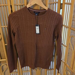 Tommy Hilfiger Womens Brown Crewneck Cable Cotton Knit Sweater